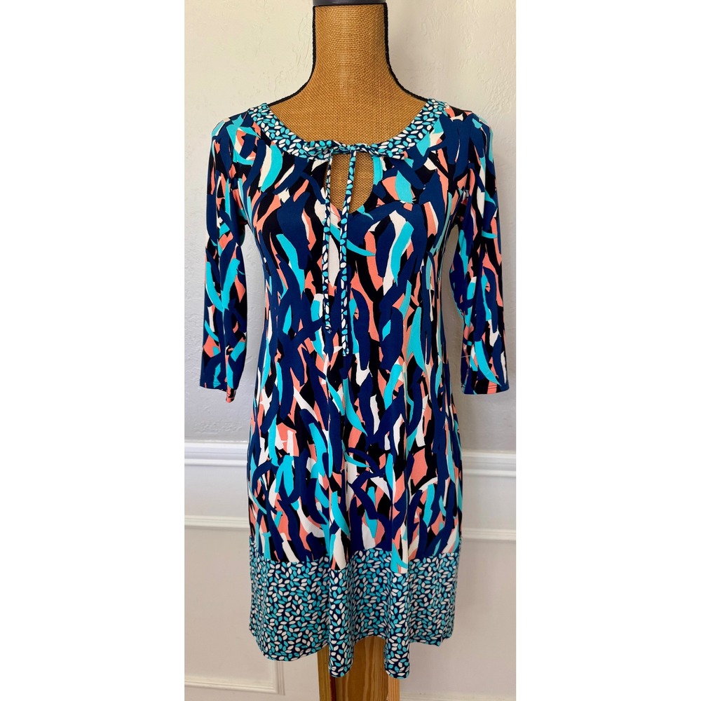 Leota‎ New York Abstract Print Keyhole Shift Dress Blue Pink XS NWT